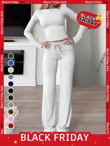 Two-Piece Set Women's Solid Color Long Sleeve Crop Tee & High-Waisted Drawstring Pants Set, Casual Slim Fit Outfit for Fall & Winter SeasonsGift