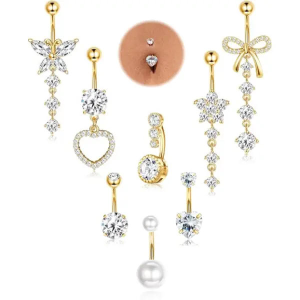 8 Pcs Belly Button Ring Dangle Hypoallergenic Surgical Stainless Steel Belly Rings for Women CZ Pearl Heart Butterfly Bow Flower Navel Piercing Jewelry Dangly Curved Navel Ring