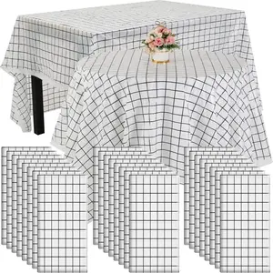 White/black Checkered Tablecloth Disposable Plastic Picnic Tablecloth 86x 86 Inches Decorative Round Rectangle Table Cover for Birthday Dining Party Decorations (Black, White,10）