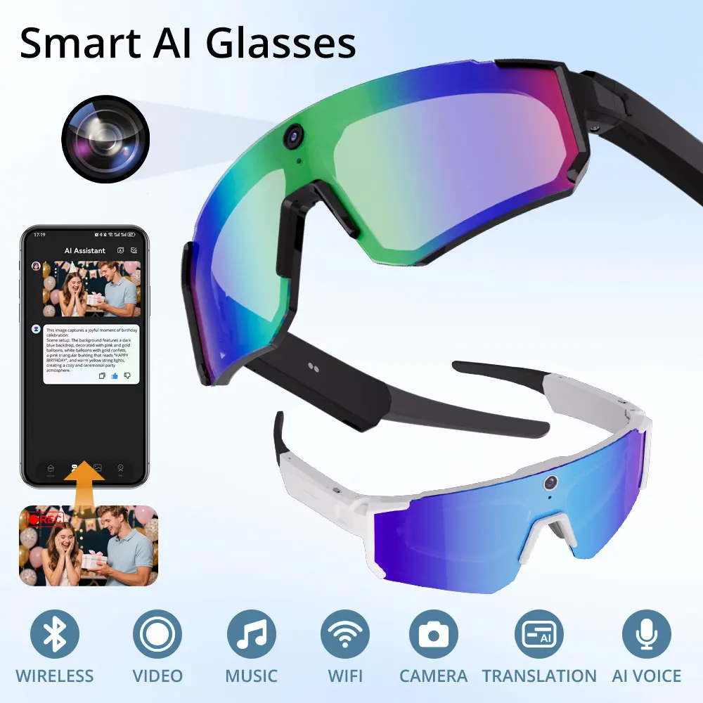 Turbosun V06 Smart Glasses - Chargeable Phone-Compatible Mobile Wearable, HD Video Recording Camera, First-Person AI View, Hands-Free Voice Control, Wireless Bluetooth 5.3 Calls, Intelligent Voice Assistant, Magnetic Charging Outdoor Sports Sunglasses