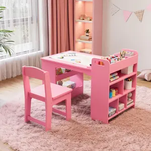 Pink Art Table with 2 Chairs, Toddler Craft Play Wood Activity Desk with Large Storage Shelves for Writing Drawing, Nursery, Children's Wooden Furniture for Classroom Daycares, Home