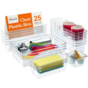 Clear Plastic 25 PCS Drawer Organizer Set Desk Drawer Dividers Trays Dresser Storage Bins Separation Box for Makeup, Jewelries and Gadgets, Kitchen, Bedroom, Bathroom, Office