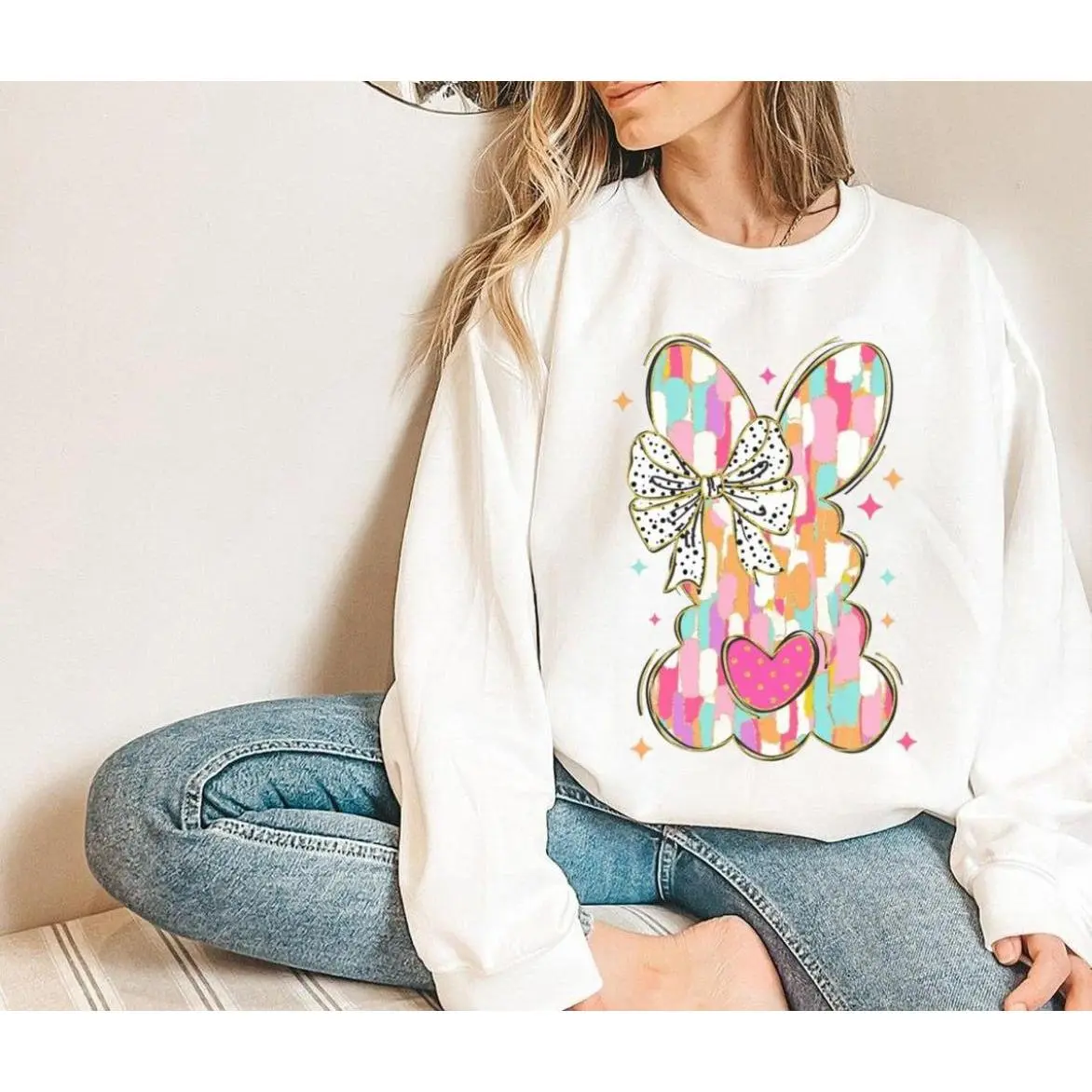 Brushstroke bunny easter shirt, coquette bow tshirt, easter gift for her, retro easter sweatshirt, pink bunny , Girls easter