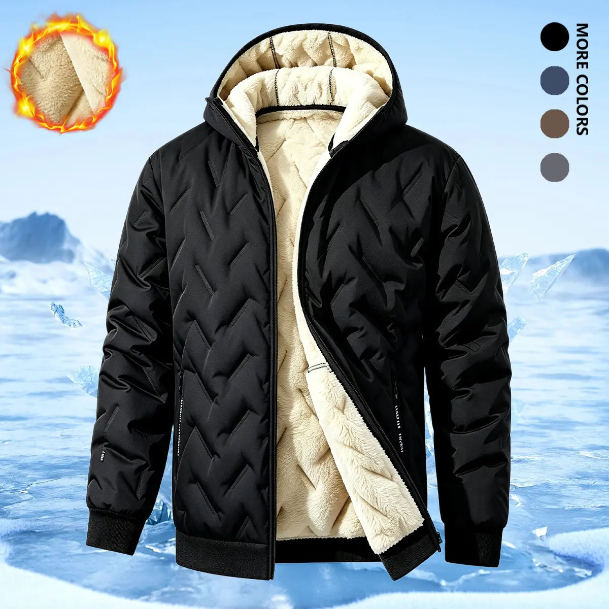 Menswear Men's Long-Sleeve Fleece Hooded Coat - Thick Fabric, Practical Zippered Pockets, Machine Washable, Suitable for Outdoor Activities & Everyday Wear, Tops, Fleece Jacket