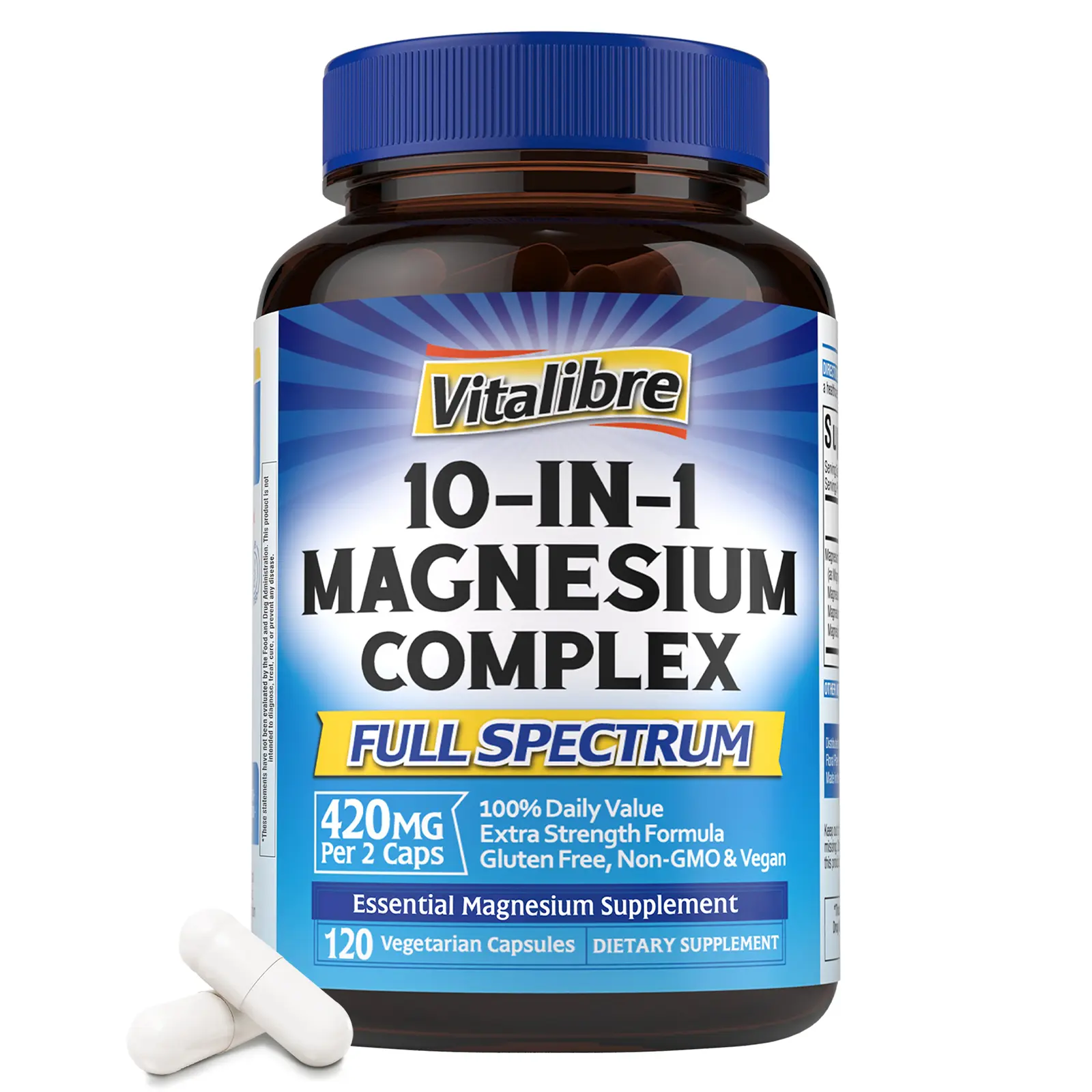Vitalibre 10-in-1 Full-Spectrum Mineral Complex Dietary Supplement, 420mg Elemental Content, High-Absorbent Chelated, Unflavored, Supports Brain, Nerve, Bone & Heart Health, Vegan & Non-GMO, Addresses Deficiency, 120 Adult Capsules