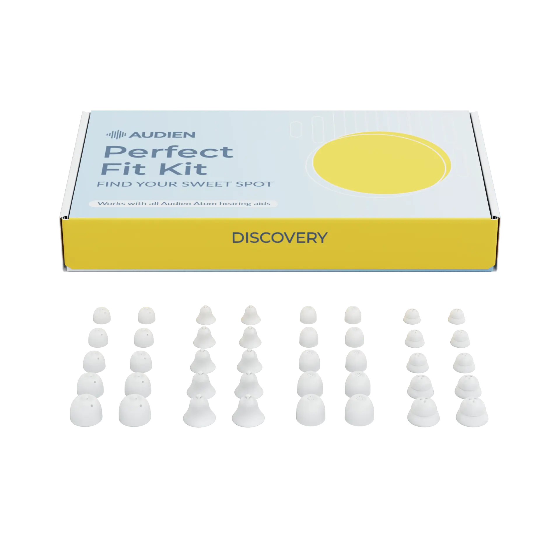 Audien Perfect Fit Kit – 20 Ear Dome Try-On Sampler for Atom Series Hearing Aids | 4 Styles, 5 Sizes