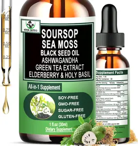 Soursop Drops with Sea Moss Black Seed Oil Green Tea Extract Ashwagandha Elderberry Holy Basil Multimineral Vitamins Superfood for Immune Digestive & Cell Support