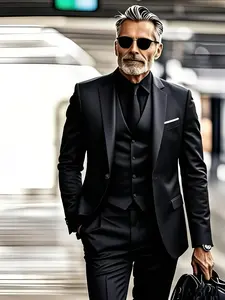 Men's 3pcs Slim-Fit Tailored Suit Set - Burgundy Wedding, Business & Formal ttire with Vest, Pants & Tie - Luxury Wedding Dress Outfit, Work Uniform, Prom Tuxedo (Hand Wash/Dry Clean) - -Season Wear, Suits For Men, Wedding Suits For Men, Black Sui