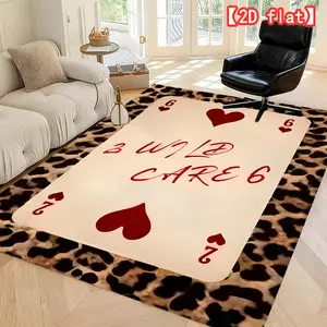 2D flat hot sale poker card six hearts, background leopard print. washable indoor/outdoor soft and comfortable mat, suitable for living room, bedroom, corridor, Home Decor Rugs