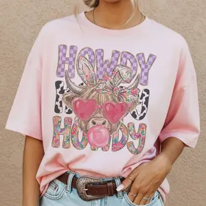Vintage Western highland cow Tee Retro Howdy Highland Cow Bunny Tshirt Country Rabbit Ears Spring Cow T-Shirt Casual Womenswear SUblimation Top
