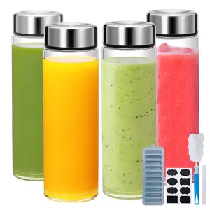 16oz Juice Bottles with Lids,4 Pack Wide Mouth Glass Bottles with Stainless Steel Cap,Reusable Glass Water Bottles for Juicing, Smoothies, Infused Water,Beverage Storage,BPA Free,Leakproof