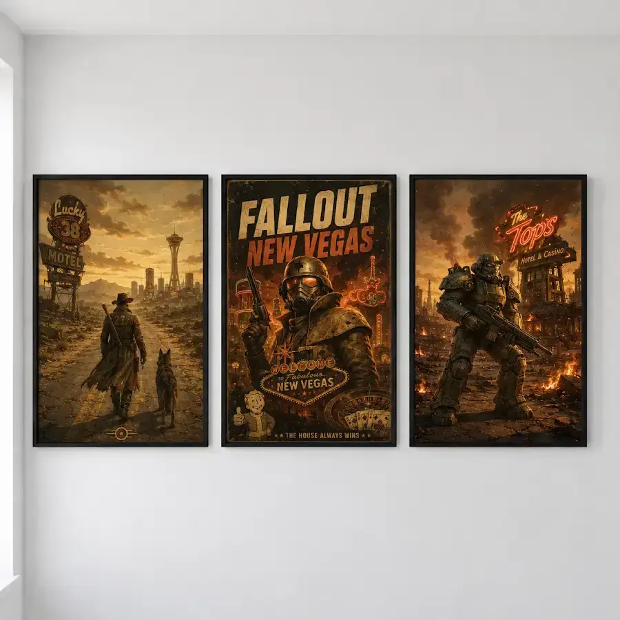 Fallout New Vegas Courier 3 Piece Wall Art Set, Post Apocalyptic Mojave Wasteland Video Game Poster Prints