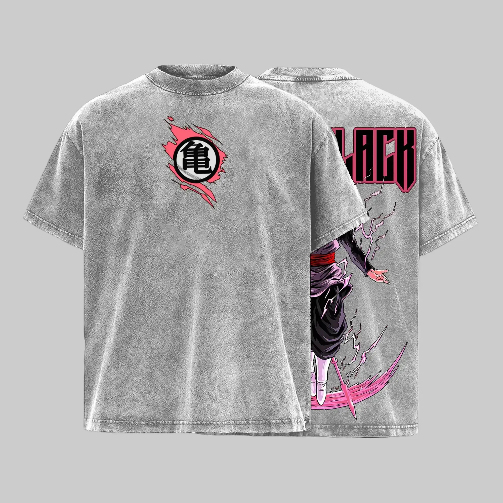 Burakku x Zamasu Vintage Washed Anime Tee | Dark Pink Aura Warrior Shirt | Powerful Energy Fighter Graphic Back | Streetwear T-Shirt | Manga Inspired Design | Cool Gift for DBZ Fans