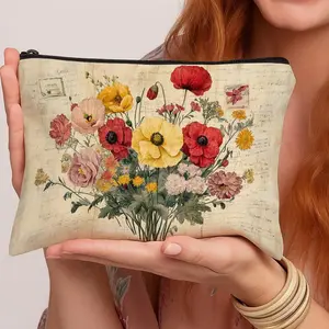 1pc Vintage Floral Artistic  Makeup Bag -  Botanical Bouquet Illustration Zippered Multifunctional Travel Toiletry Organizer with Floral Design, Portable Cosmetic Pouch for Women & Men, Ideal for Business, Daily Use, Travel Makeup Bag