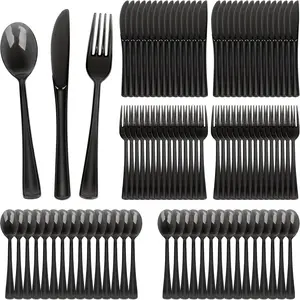 180 Pack Disposable Clear Cutlery Set Plastic Silverware Heavy Duty Utensil Sets 60 Forks 60  60 Spoons For Party  Office School Picnics or Every Day Use (Black)