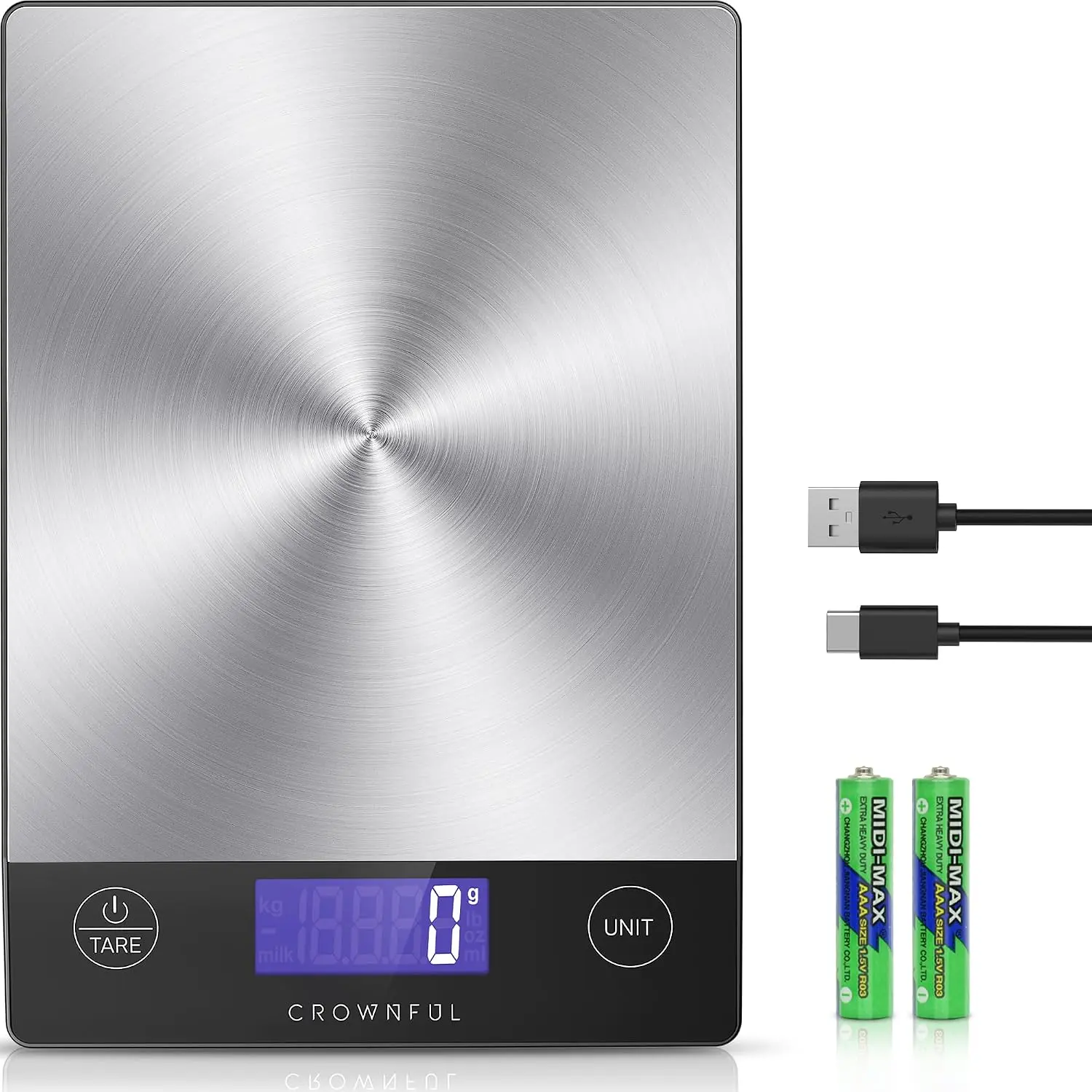 33lb Rechargeable Digital Kitchen Food Scale with 304 Stainless Steel Platform, LCD Display, Grams and Ounces, Type C Charging and Tare Function for Meal Prep, Baking, Cooking, Portion Control, Coffee and Home Kitchen