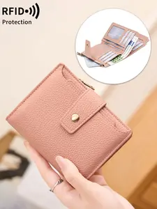 New solid color trifold women's wallet, RFID anti-theft, with ID window, mini lightweight zipper pocket wallet, suitable for cash and credit cards, a fashionable gift for birthdays and anniversaries