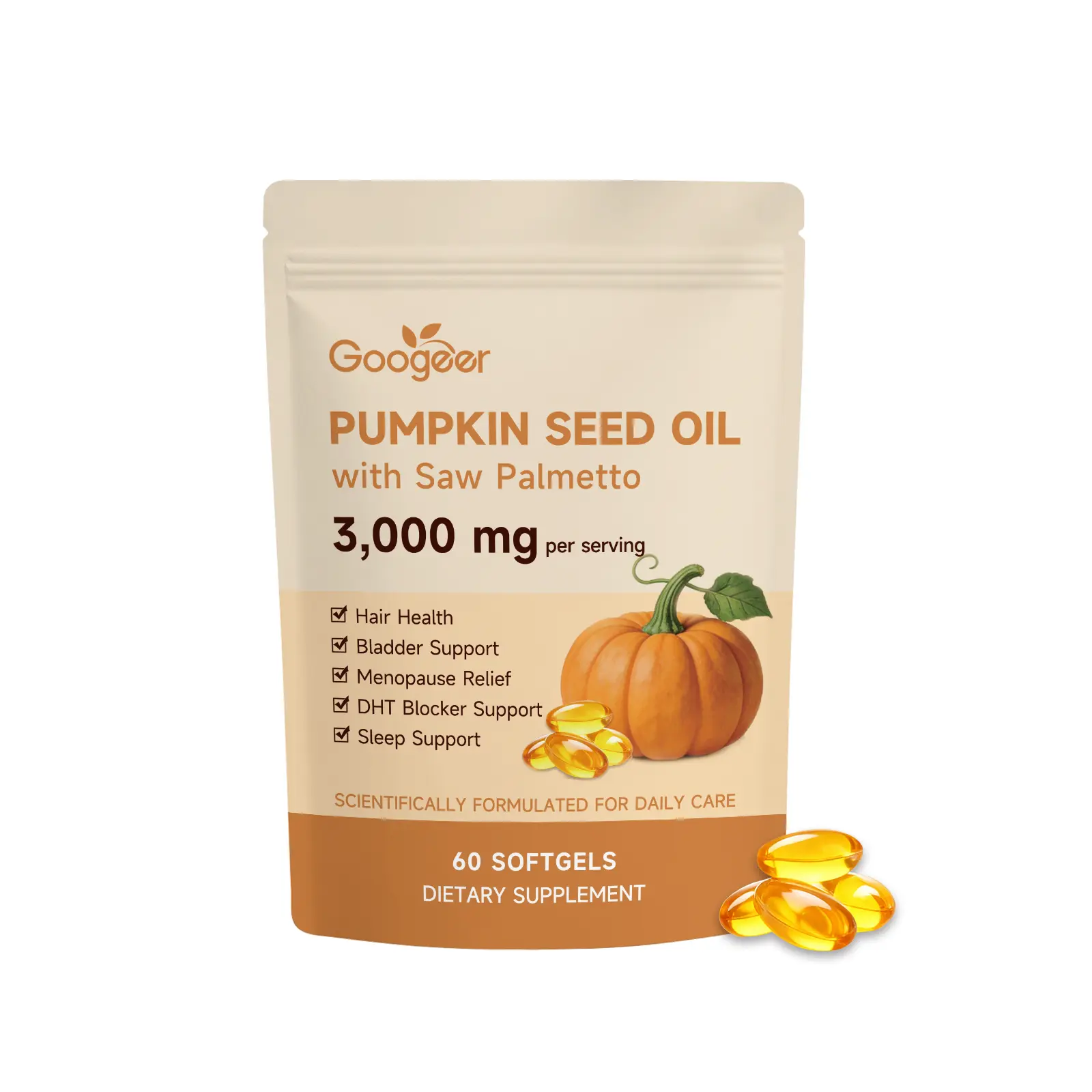 Pumpkin Seed Oil Softgels with Saw Palmetto 3000mg Per Serving, Supports Healthy Hair, Bladder Comfort, Menopause Wellbeing, Balanced DHT Levels & Restful Sleep, Daily Wellness Supplement 60 Capsules