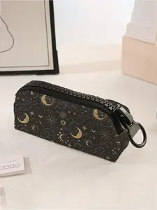 Star & Moon Pattern Makeup Bag, Large Zipper Pencil Bag, Durable Polyester Storage Bag, School Supplies and Stationery