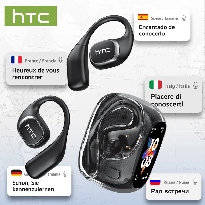 HTC NE11 Rechargeable Wireless Translator Earbuds - In-Ear Audio Headset with 134-Language Real-Time Translation, Companion App, Plastic Charging Station, Voice Activation, Meeting-Ready Use for Mobile Phones, Travel