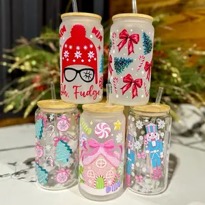 16oz Christmas Glass Cup - Gingerbread House Holiday Iced Coffee Tumbler with Lid and Straw, Frosted Glass Cup, Reusable Water Bottles, Xmas Mug Gift
