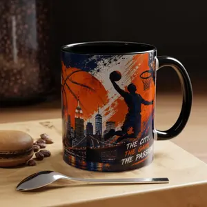 New York Basketball Fan Accent Coffee 11oz/15oz Mug, NY Team Logo Ceramic Mug, Sports Lover Gift, Game Day Drinkware, Basketball Fan Cup