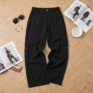 Women's High Waisted Cargo Pants, Black Straight Leg Trousers with Side Flap Pockets and D-Ring Detail