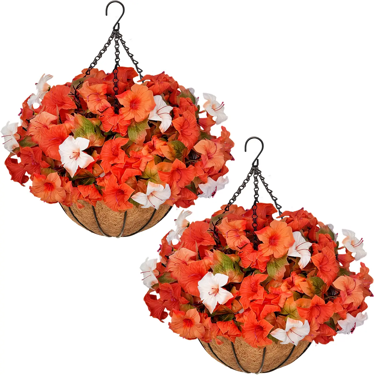 2 Pcs Autumn Outdoor Artificial Petunia Hanging Basket—UV-Resistant Faux Floral Plants with a Lifelike, Silky Appearance—Ideal for Outdoor Planters, Front Porches, Patios, and Courtyards.