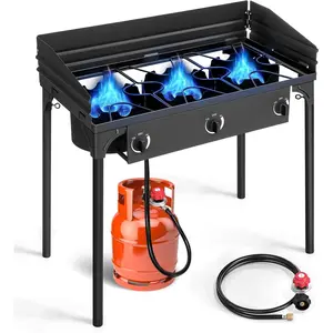 3 Burner Propane Gas Stove for Outdoor Cooking, 225,000 BTU Camping Cooker with Windscreen for Cooking BBQ Baking Turkey Frying
