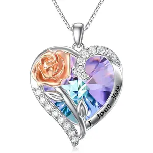 TOUPOP Birthstone Necklace for Women 925 Sterling Silver Rose Flower Heart Crystal Pendant Necklaces I Love You Jewelry Birthday Christmas Gifts for Women Her Girlfriend