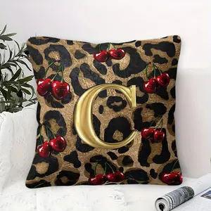 Striking Leopard Print Throw Pillow with Gold Metallic Letter 'C' ,Contains Pillow Core,Vibrant Cherry Accents, Digital Print Design, Perfect for Sofa and Bedroom Decor, 45cm Square Cushion, Luxurious Softness and Unique Style!