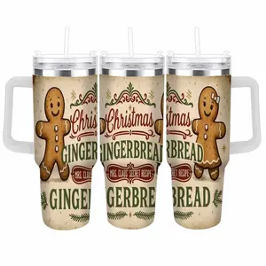 Gingerbread man & woman Christmas car mug (40oz/30oz/20oz) festive gingerbread print durable insulated leakproof lid perfect for holiday parties winter mornings Christmas gifts and winter vacations