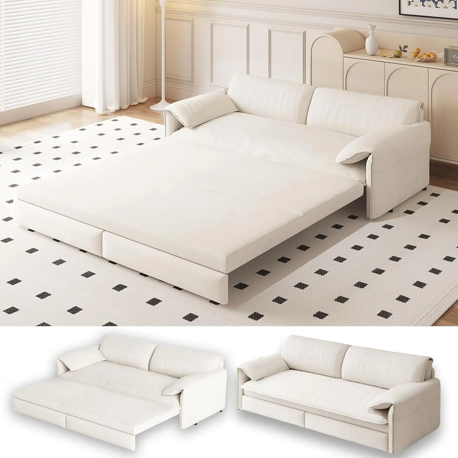 66" Queen 3‑in‑1 Pull‑Out Sleeper Sofa Bed, Convertible Velvet Loveseat with Side Storage Pocket, Multifunctional Couch for Living Room, Beige & White