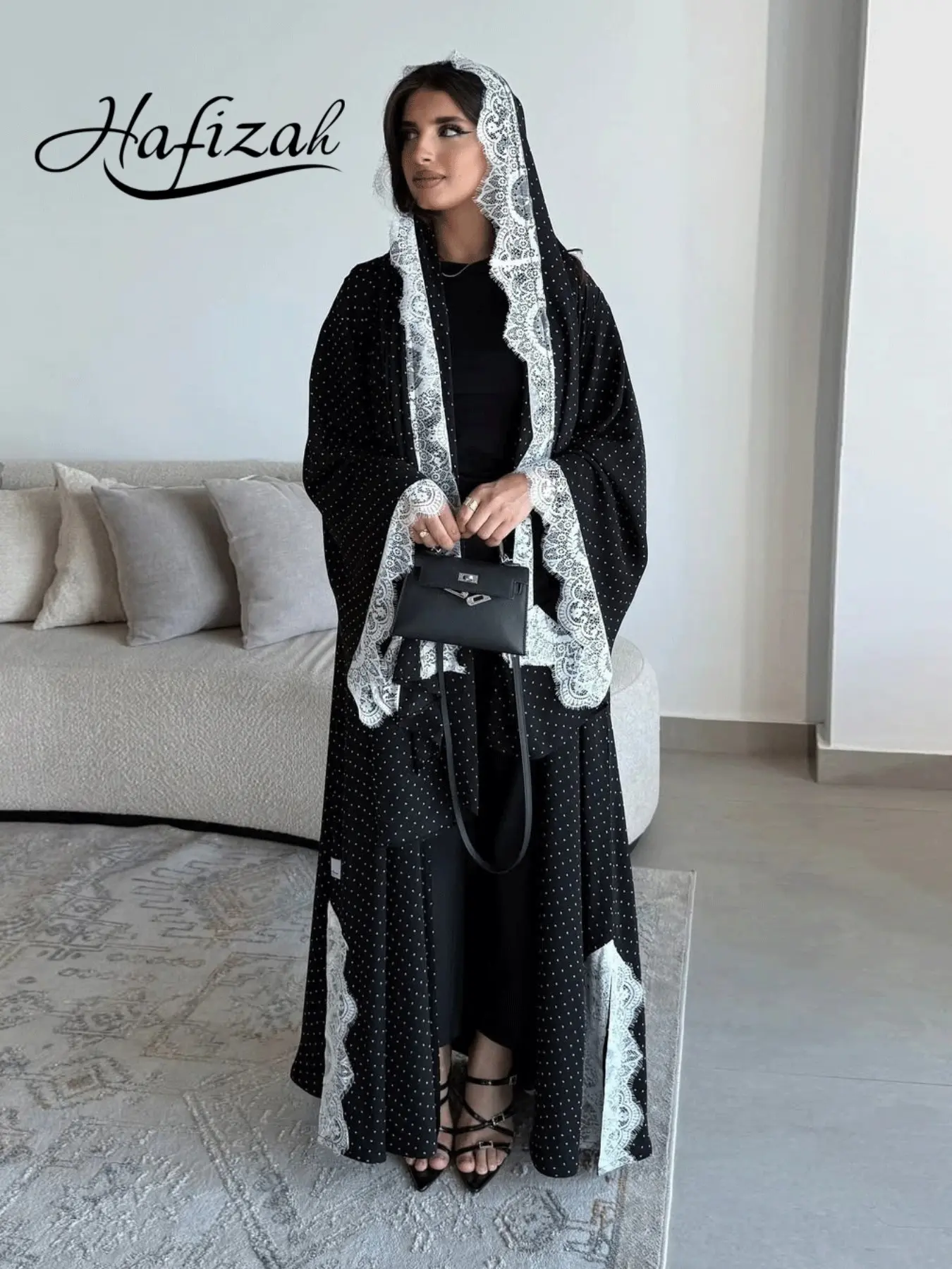 Hafizah Women's Abaya with Headscarf, Sweet Lace Trim Polka Dot Print, Loose-Fitting Long Robe for All Seasons