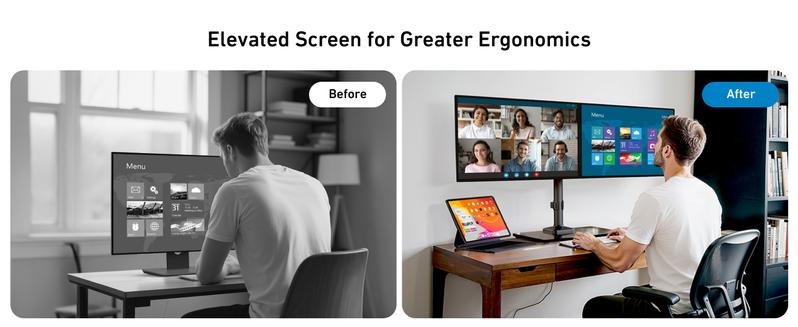 HUANUO Freestanding Dual Monitor Stand, 32 Inch Dual Monitor Mount for 2 Screens, Holds up to 19.8 lbs per Arm, Gaming Monitor Arm Riser with Tempered-Glass Base, Tilt, Swivel, Rotation, Black