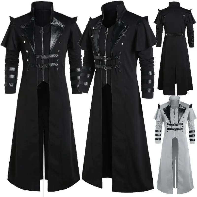 Mens Medieval Renaissance Punk Retro Long Slit Leather Coat for Stage Play Performance Photography Distressed Coats