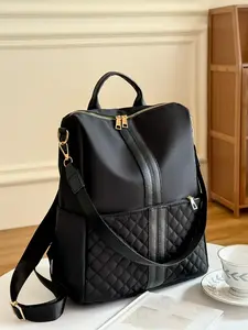 Simple Plain Quilted Nylon Backpack, Casual Large Capacity Shoulder Bag for Women, Multi-functional Zipper Backpack, Casual Travel Backpack