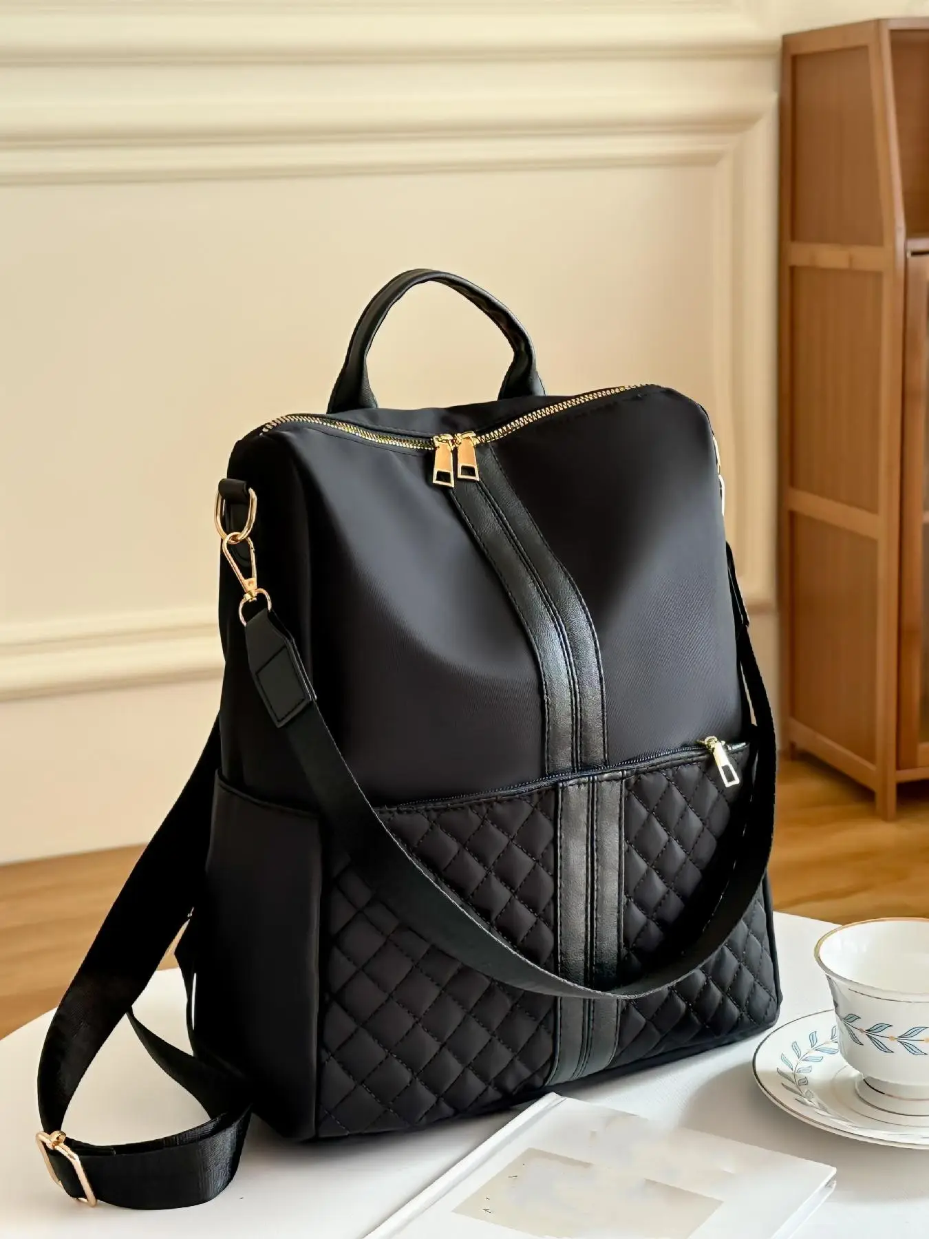 Summer 2024 Simple Plain Quilted Nylon Backpack, Casual Large Capacity Shoulder Bag for Women, Multi-functional Zipper Backpack