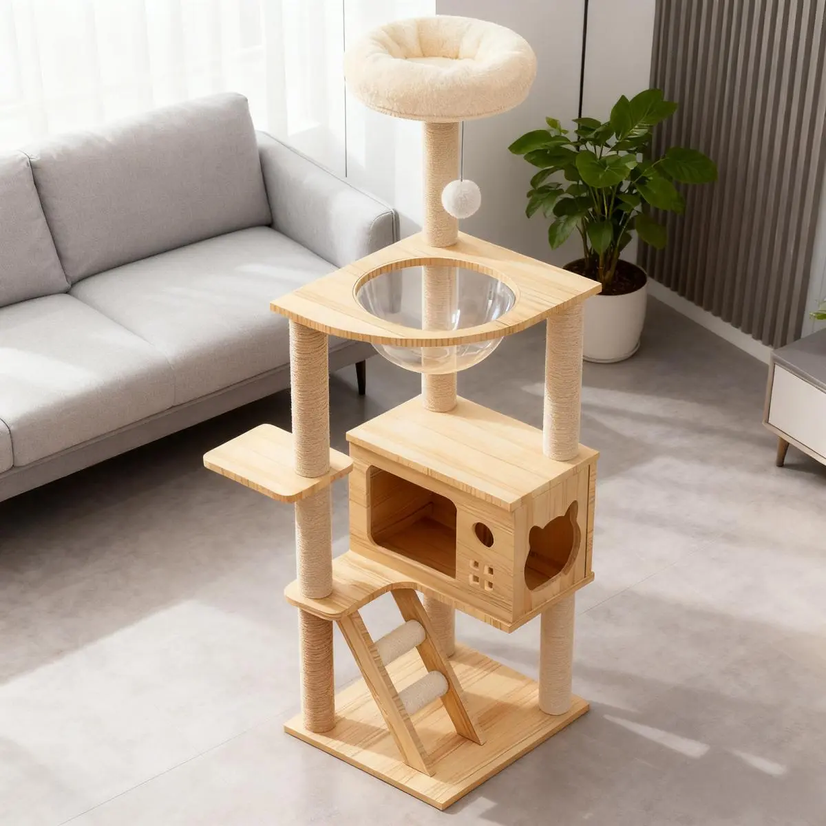 Modern Cat Tree Tower for Indoor Cats, 48.8 Inch Wood Cat Condo with Sisal Scratching Posts, Top Perch and Acrylic Hammock