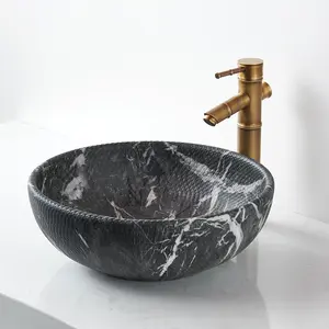 Vessel Sink Round 16 Inch Bathroom Sink, Counter Top Black+ White Marble Color Cloakroom Porcelain Ceramic Vessel  Sinks Art Basin for Bathroom
