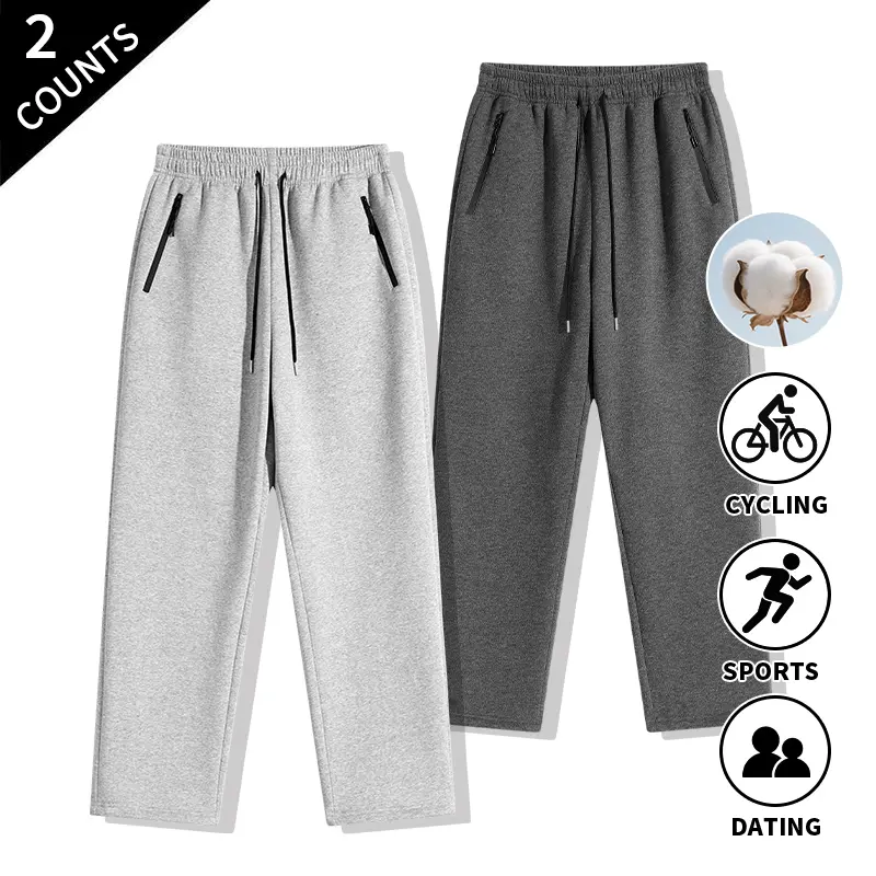2-Pack Men’s Casual Sports Sweatpants, Straight-Leg Pants with Elastic Waistband and Secure Zippered Pockets