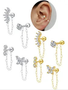 Stainless Steel Cubic Zirconia Butterfly Chain Earrings Set, Unisex Soft Ear Cartilage Studs, Fashionable Gift for Birthdays, CZ Earrings