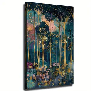 Enchanted Reverie Wall Art, Abstract Forest Wall Art, Gustav Klimt Inspired Magical Forest Art Decor, Luxury Wall Art Autumnal For Living Room Ready To Hang