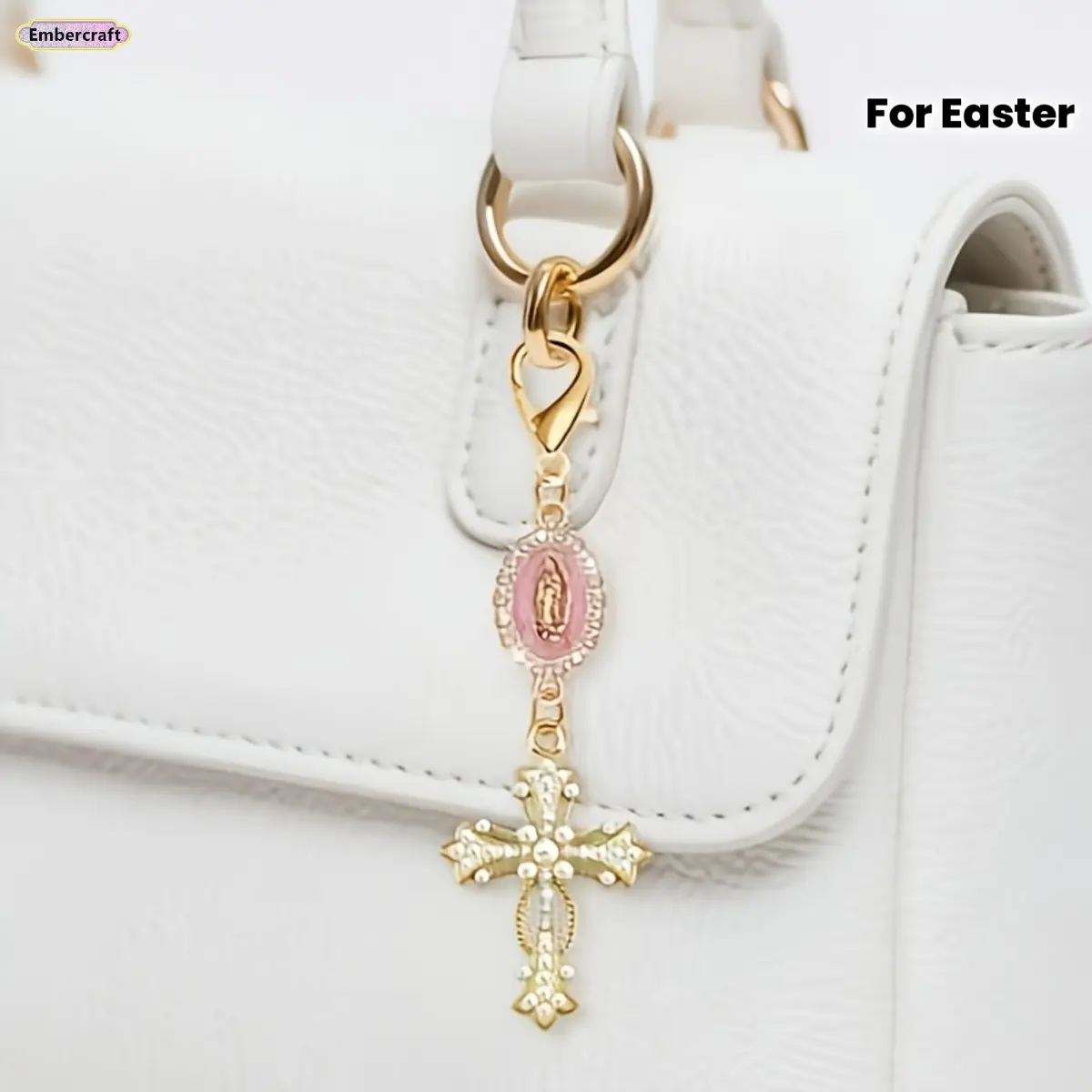 Gold-Tone Religious Cross Keychain, Zinc Alloy Icon Pendant with Lobster Clasp, Inspirational Bag & Purse Charm Accessory, Faith Gift for Baptism & Easter, Keychain Accessory, Bag Keychain