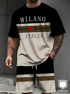 Italian Style Graphic Print Short Sleeve Tee for Men, Casual Fashion Sport Set, Summer Loose Comfort Trendy Clothing