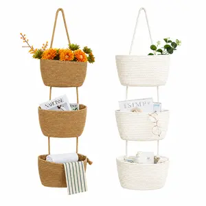 Dahey Over The Door Hanging Basket 3-Tier Woven Boho Wall Mounted Storage Organizer with Hooks, Jute & White for Bedroom Nursery Bathroom Dorm Pantry Decor