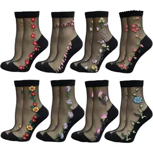 5Pairs Sheer Mesh Transparent Socks for Women Ultra-thin Lace Fishnet See Through Ankle Socks Novelty Casual Crew Socks