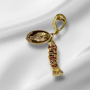 Arcangel San Rafael Oro Laminado Gold Plated Fish Charm with Gemstone Accents for Jewelry Making