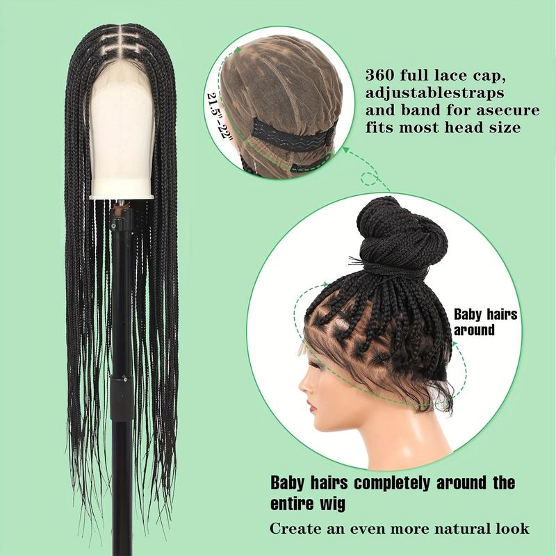 Black Hand Braided 40" Box Braided Wigs with Baby Hair Knotless Cornrow Braids, Lace Front, Full Double Lace Front Braid Wig for Women