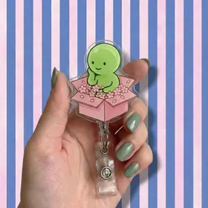 Kawaii Cherry Blossom Box Badge Reel | Green Character ID Holder | Nurse Badge Buddy